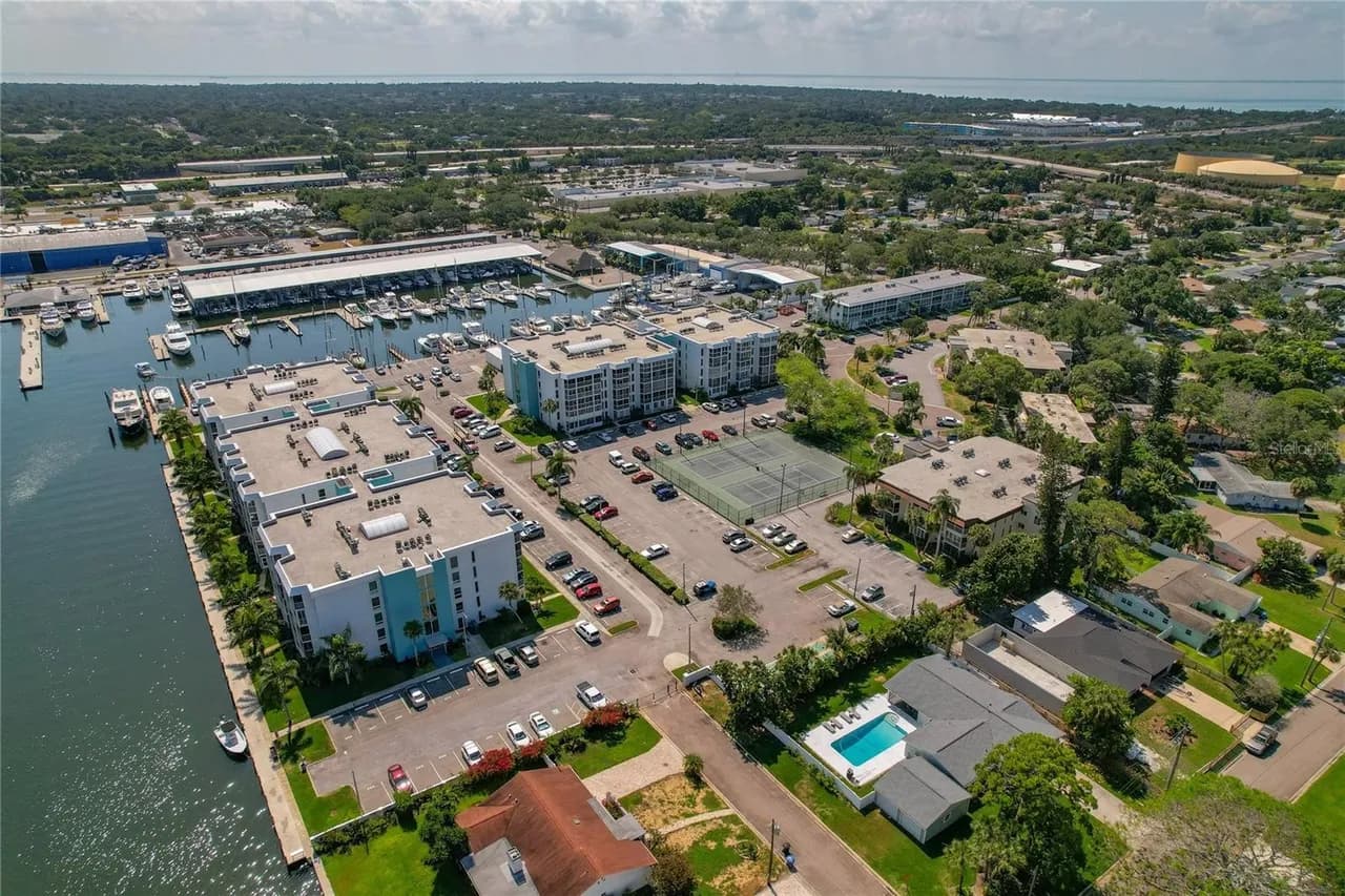Wide aerial view of the full Moorings complex