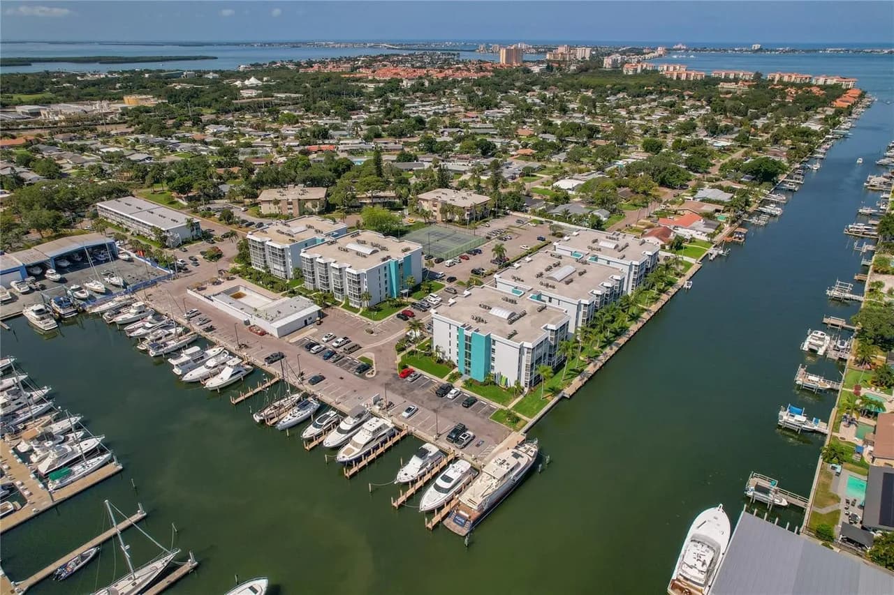 Aerial view of The Moorings of Maximo peninsula on Boca Ciega Bay